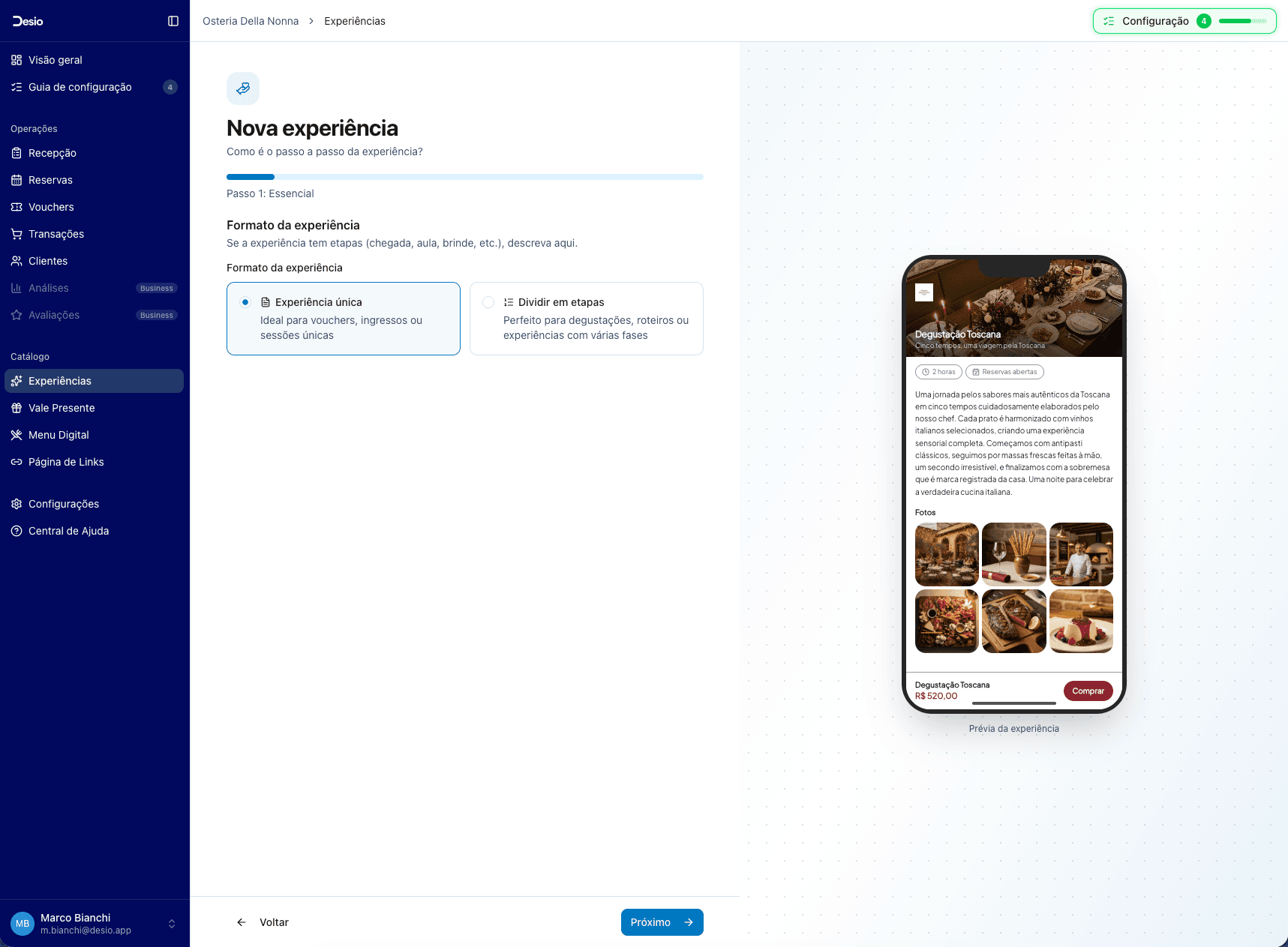 Seleção de formato — experiência única ou dividir em etapas