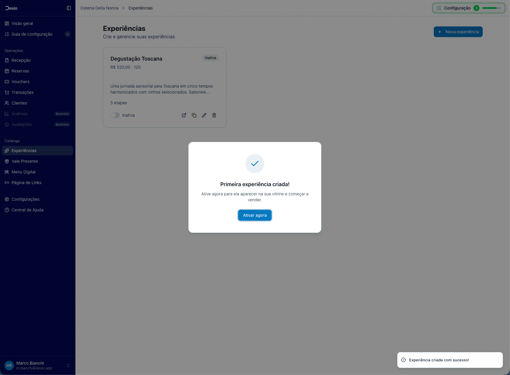 Modal de confirmação com botão "Ativar agora"