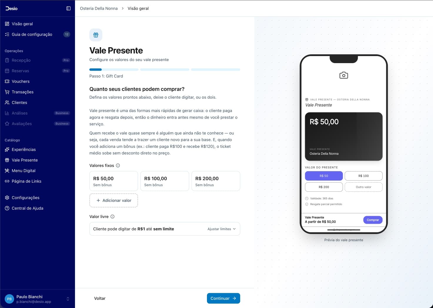 Etapa de valores fixos com prévia do gift card no celular