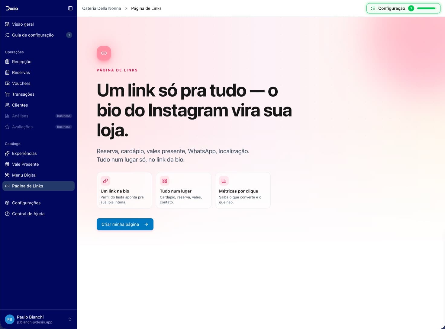 Splash "Um link só pra tudo — o bio do Instagram vira sua loja."
