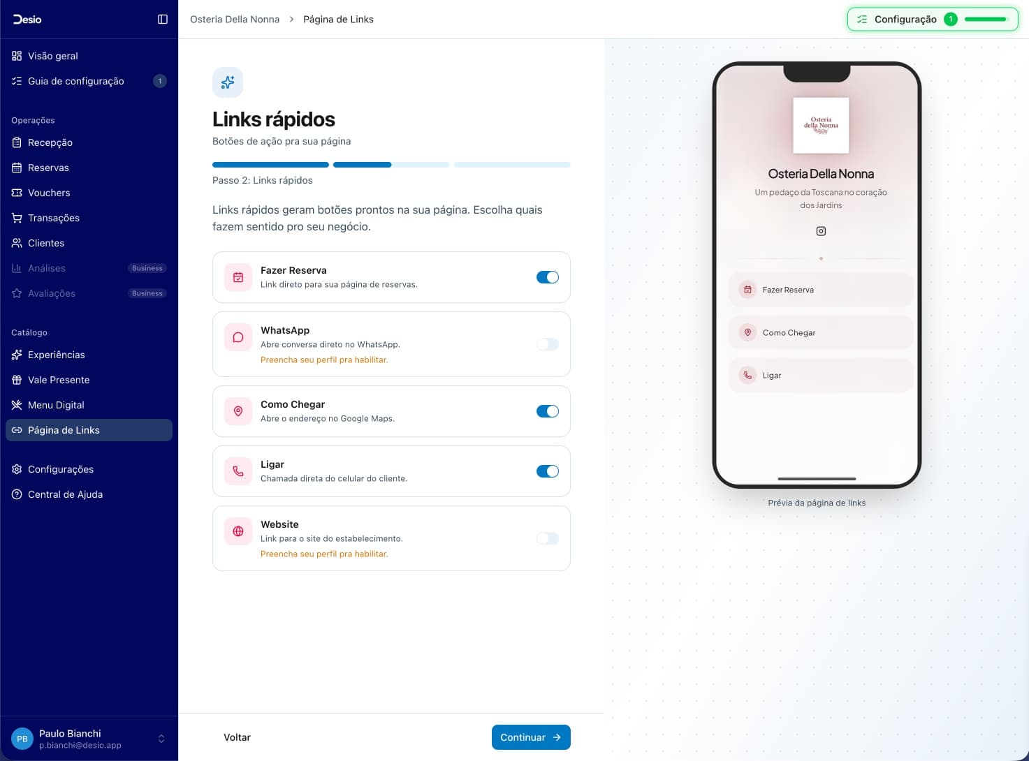 Passo Links rápidos — smart links baseados no cadastro