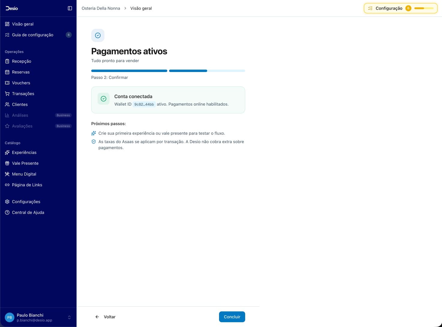 Confirmação: Pagamentos ativos com Wallet ID