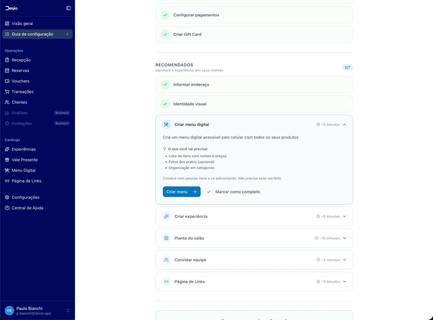 Checklist com "Criar menu digital" expandido (2/7 recomendados)