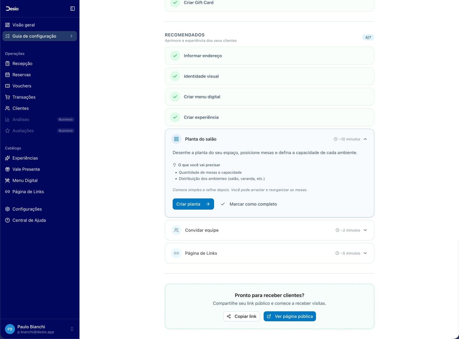Checklist com "Planta do salão" expandido (4/7 recomendados)