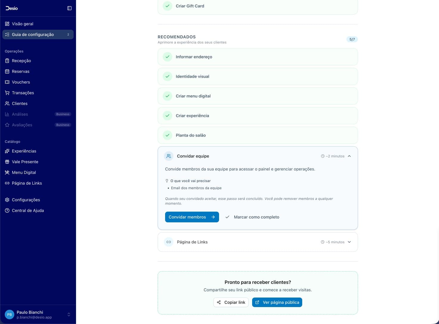 Checklist com "Convidar equipe" expandido (5/7 recomendados)