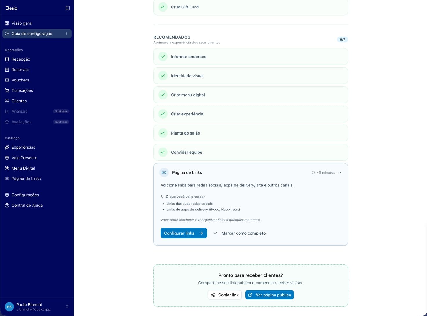 Checklist com "Página de Links" expandido (6/7 recomendados)