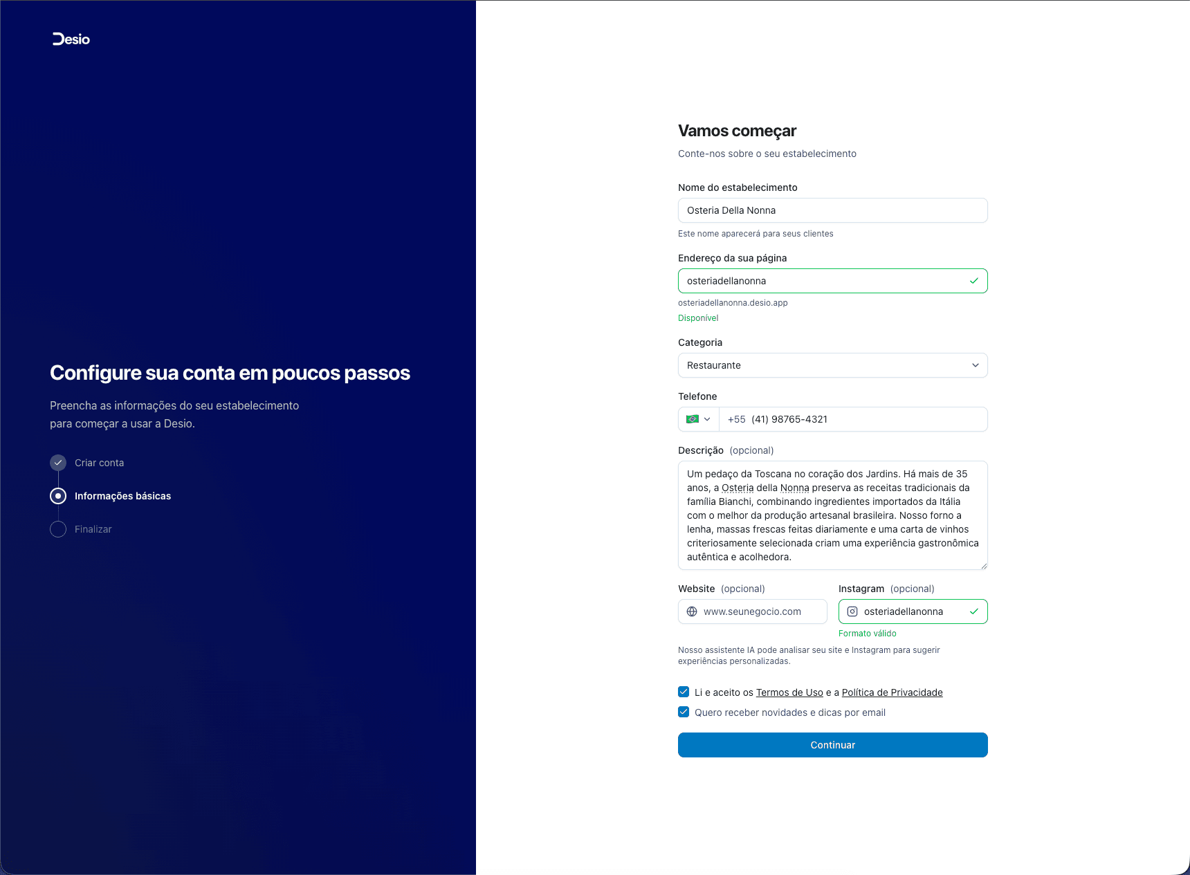 Formulário Vamos começar com dados básicos do estabelecimento