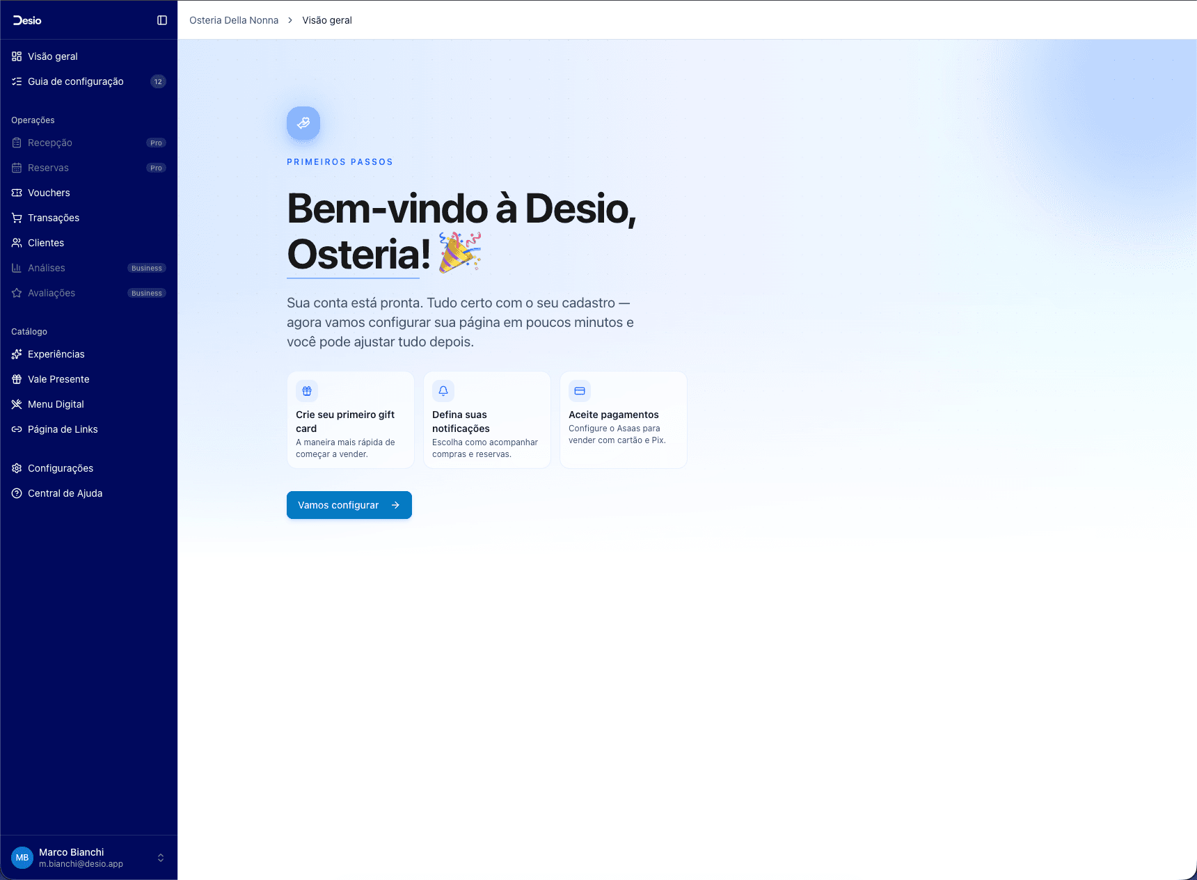 Boas-vindas do assistente com os três atalhos de configuração