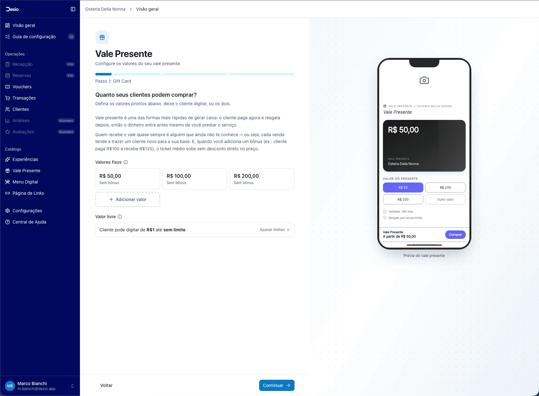 Configuração de valores fixos do vale-presente com prévia no celular