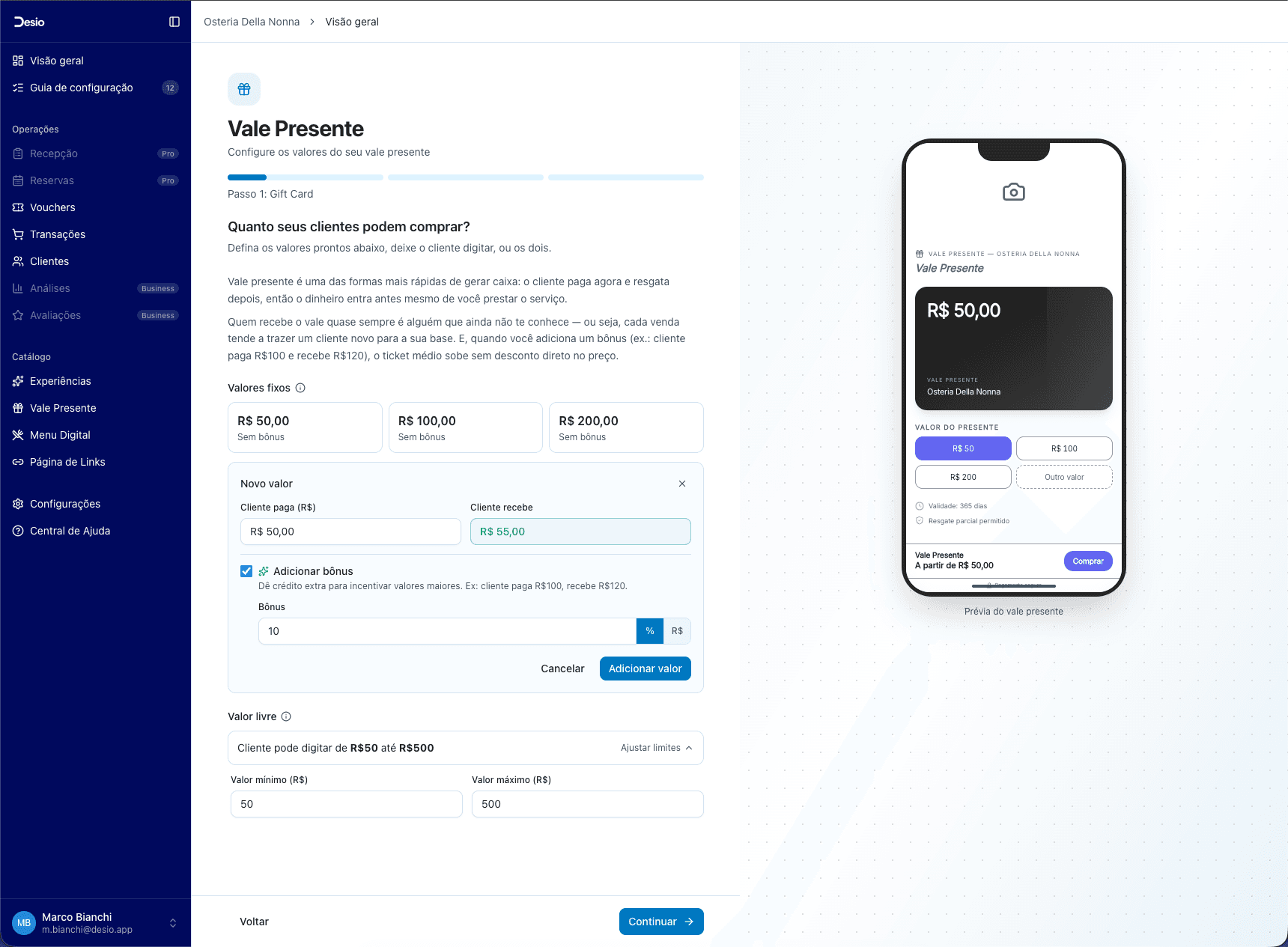 Faixa de valor livre com mínimo e máximo