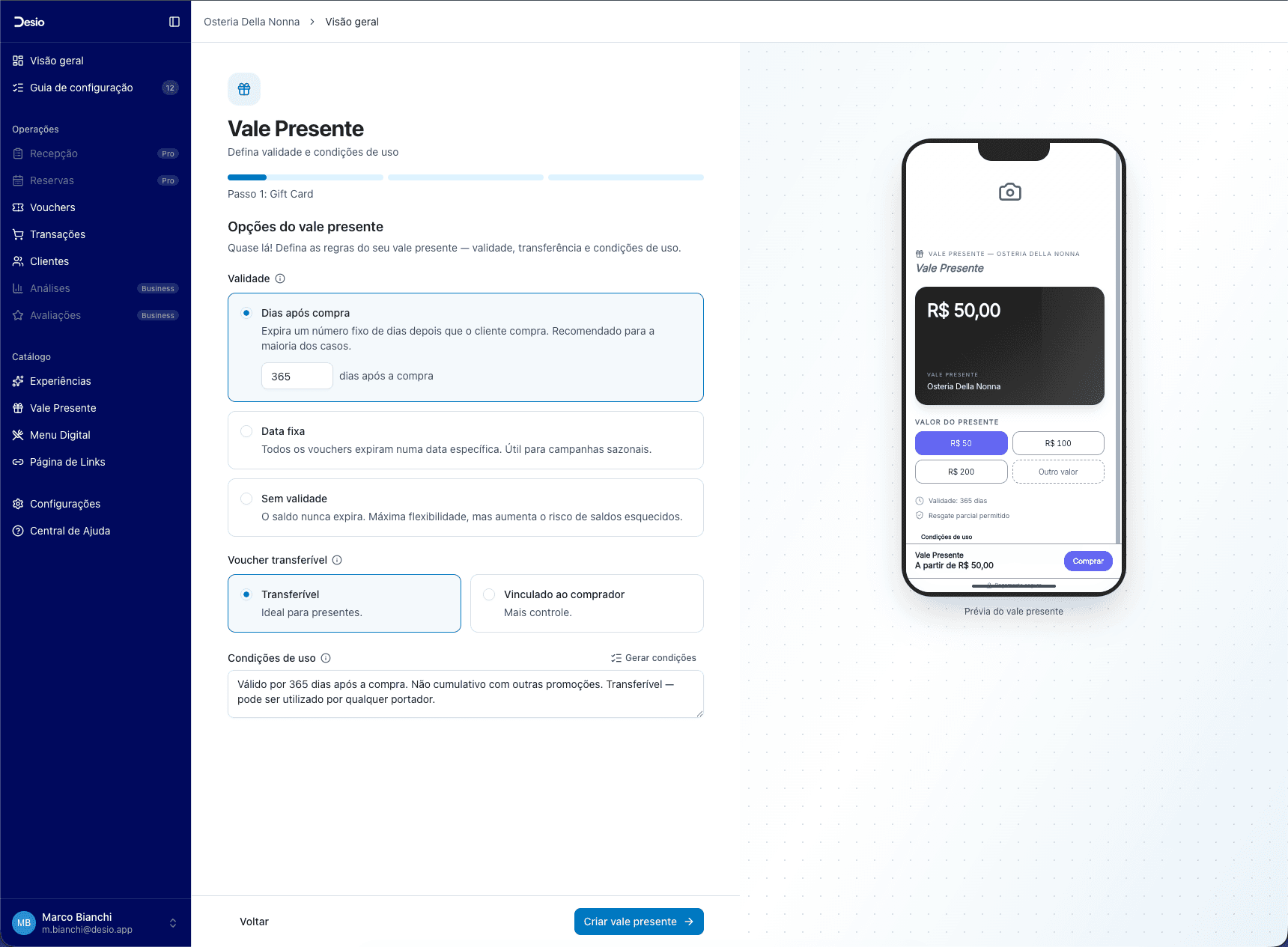 Opções de validade, transferência e condições de uso do vale