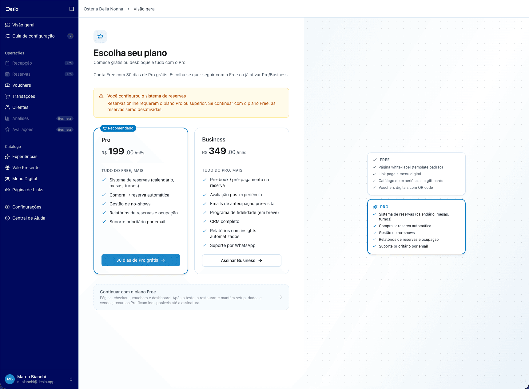 Comparação entre os planos Pro e Business