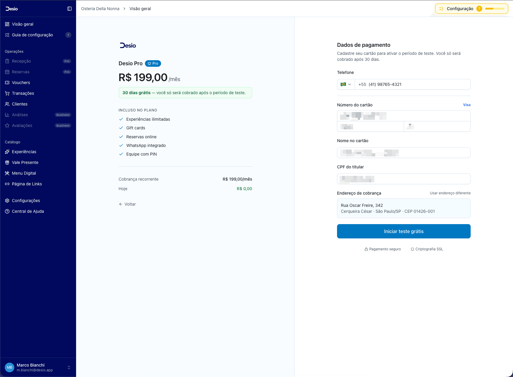 Checkout do plano Pro com resumo e formulário de pagamento