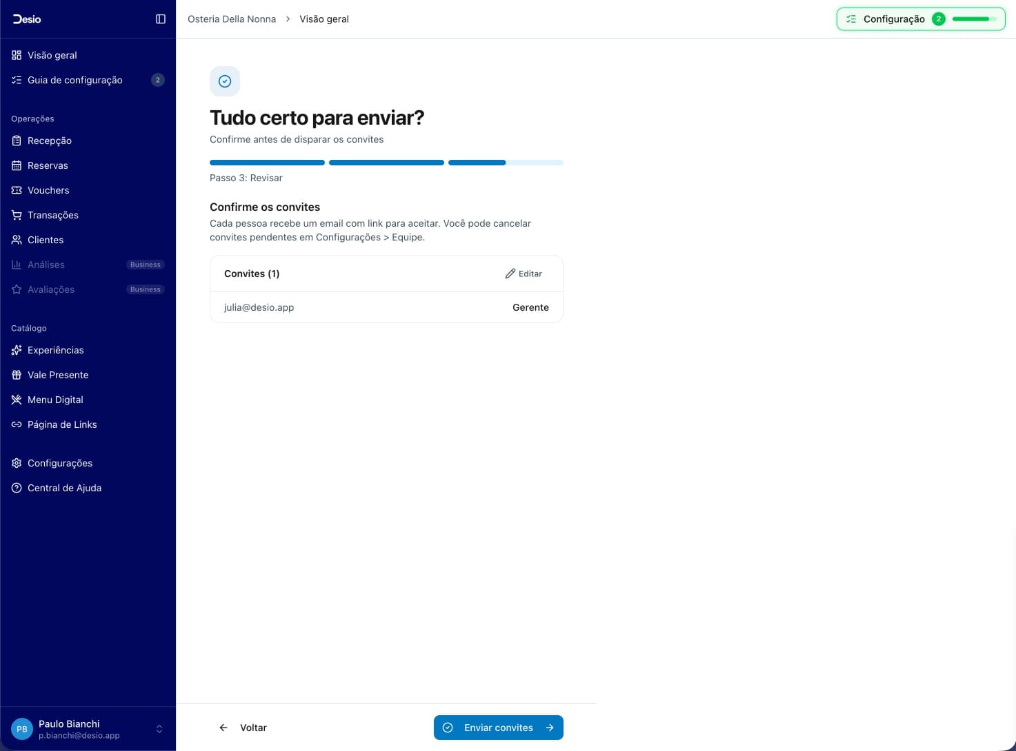Tela de revisão com lista de convites a enviar