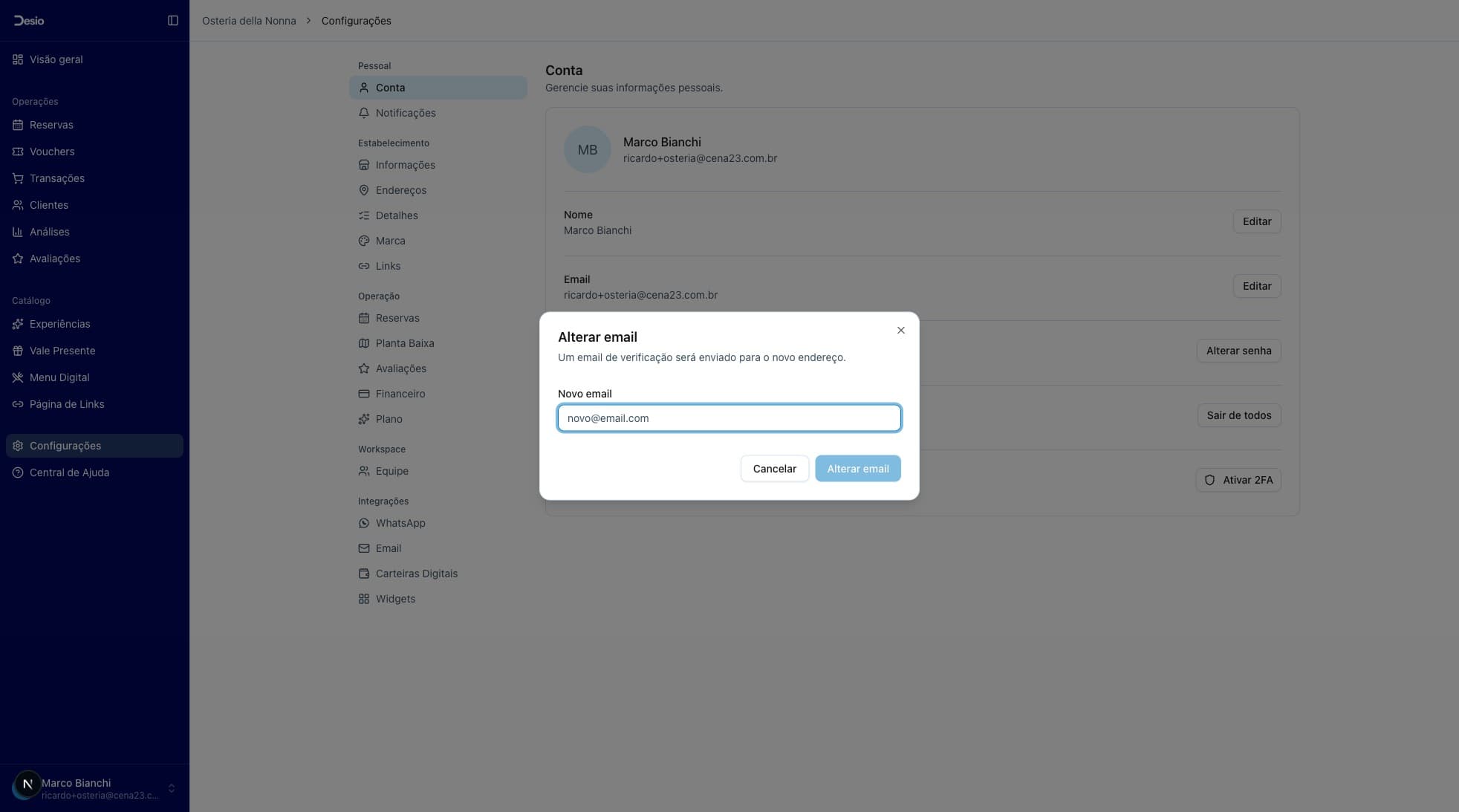 Modal de alteração de e-mail com campo Novo email
