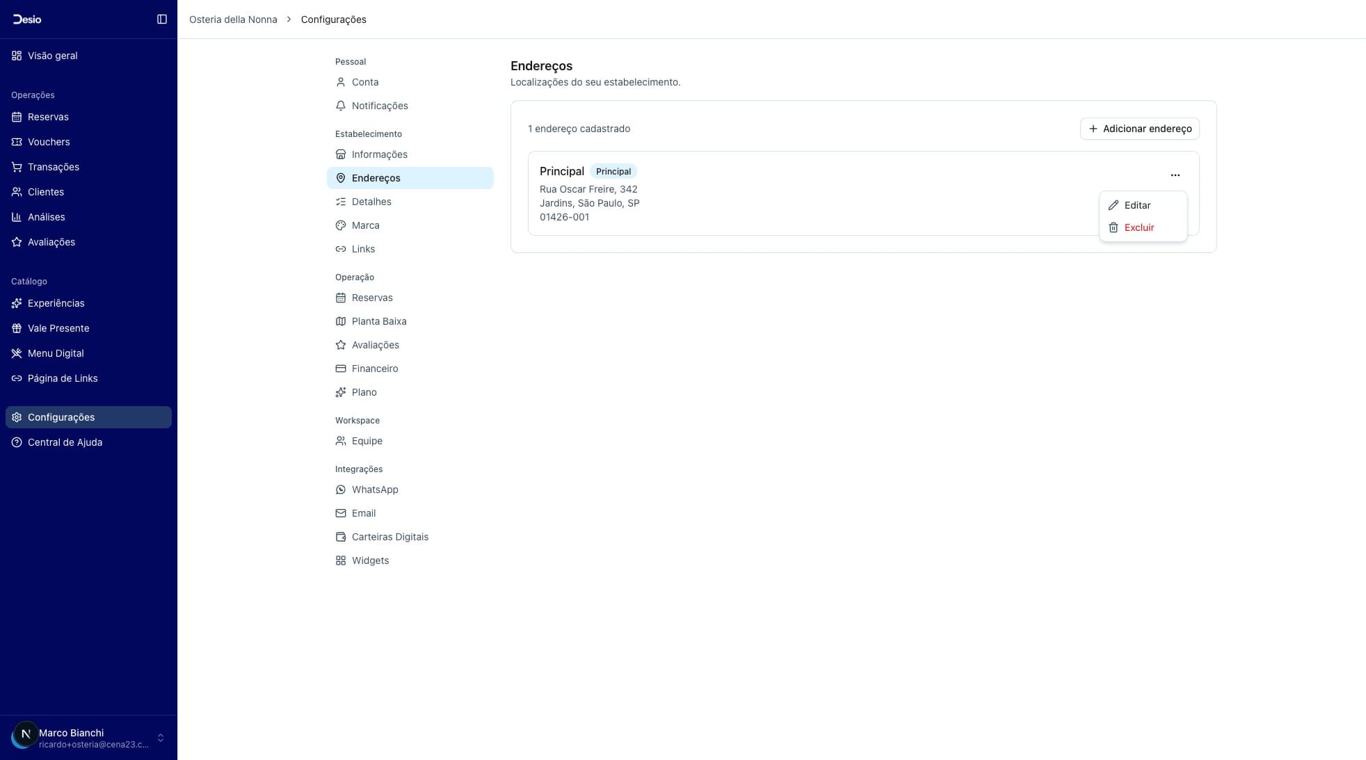 Menu de opções do endereço principal com Editar e Excluir