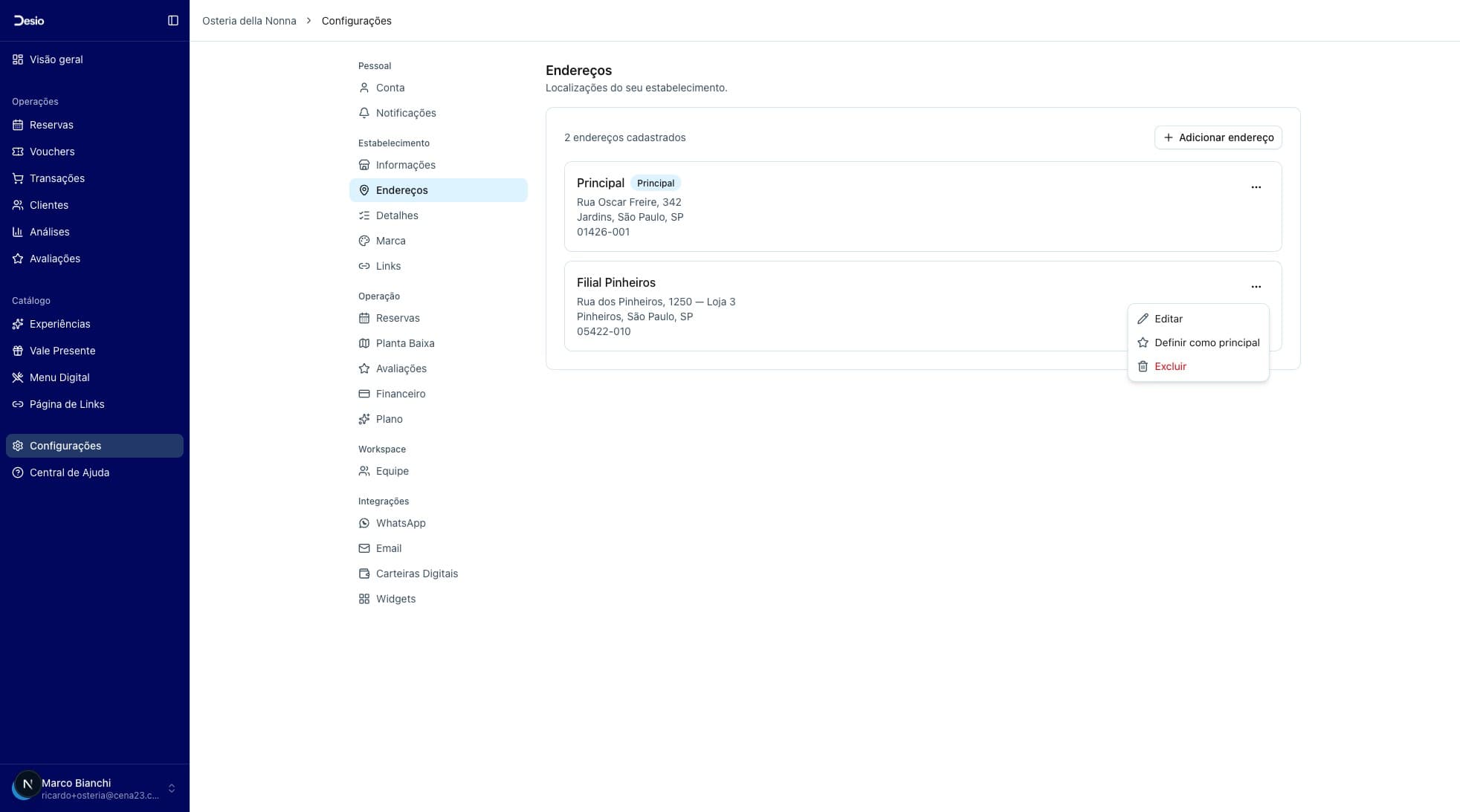 Menu de opções com Editar, Definir como principal e Excluir