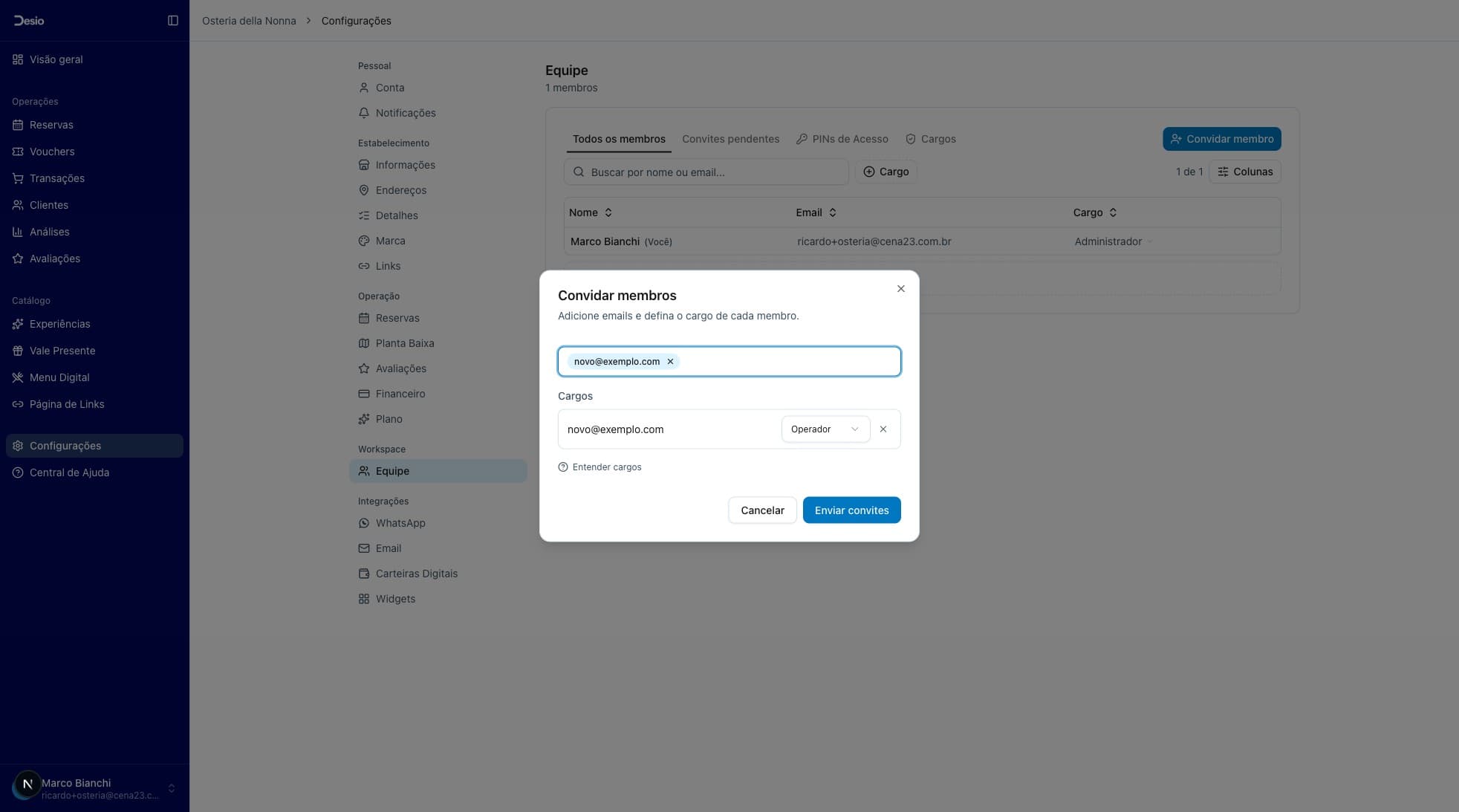 Modal com e-mail adicionado e seletor de cargo